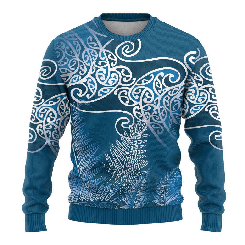 Aotearoa Maori Koru Curves Ugly Christmas Sweater Silver Ferns - Navy Blue