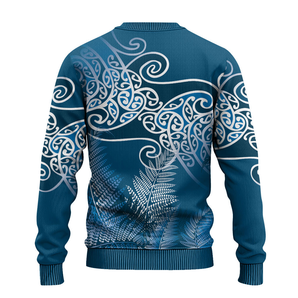 Aotearoa Maori Koru Curves Ugly Christmas Sweater Silver Ferns - Navy Blue