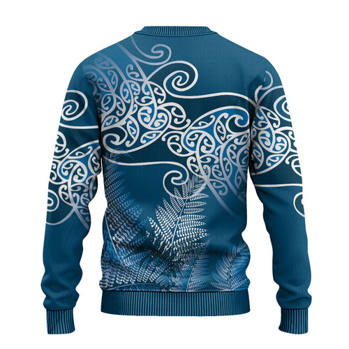 Aotearoa Maori Koru Curves Ugly Christmas Sweater Silver Ferns - Navy Blue