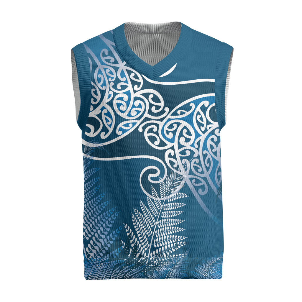 Aotearoa Maori Koru Curves Christmas Knitted V-Neck Vest Silver Ferns - Navy Blue