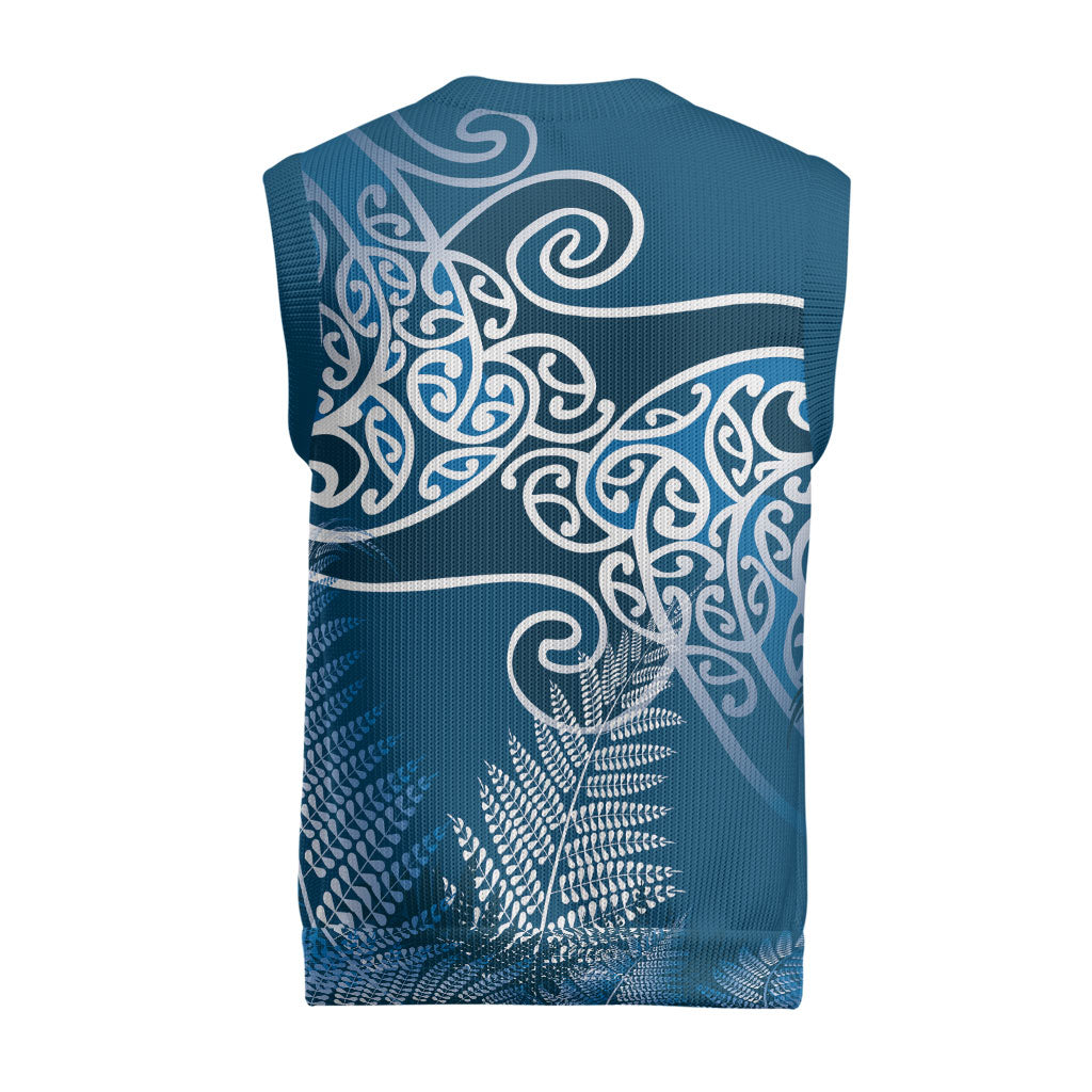Aotearoa Maori Koru Curves Christmas Knitted V-Neck Vest Silver Ferns - Navy Blue