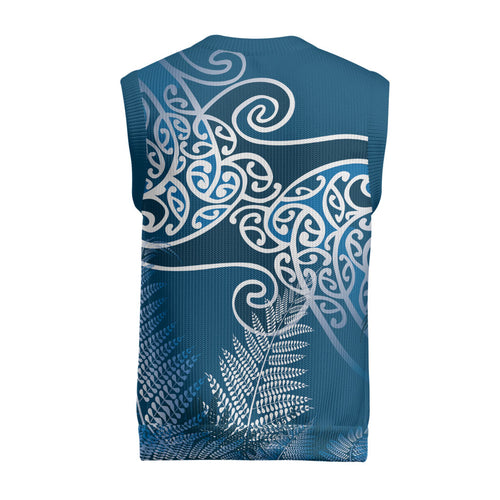 Aotearoa Maori Koru Curves Christmas Knitted V-Neck Vest Silver Ferns - Navy Blue