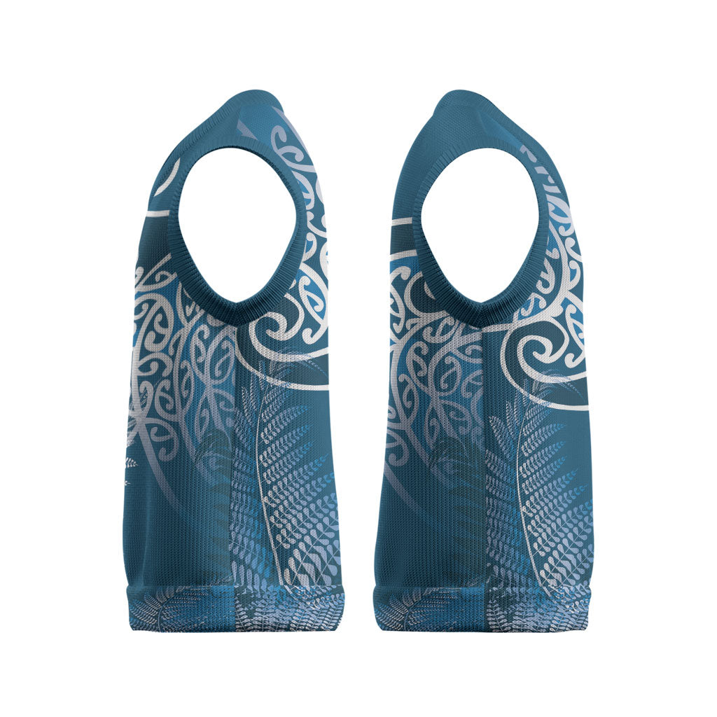 Aotearoa Maori Koru Curves Christmas Knitted V-Neck Vest Silver Ferns - Navy Blue
