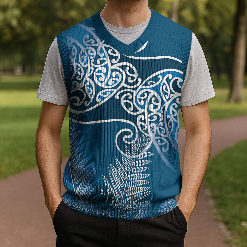 Aotearoa Maori Koru Curves Christmas Knitted V-Neck Vest Silver Ferns - Navy Blue