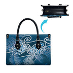 Aotearoa Maori Koru Curves Leather Bag Silver Ferns - Navy Blue