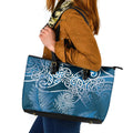 Aotearoa Maori Koru Curves Leather Tote Bag Silver Ferns - Navy Blue