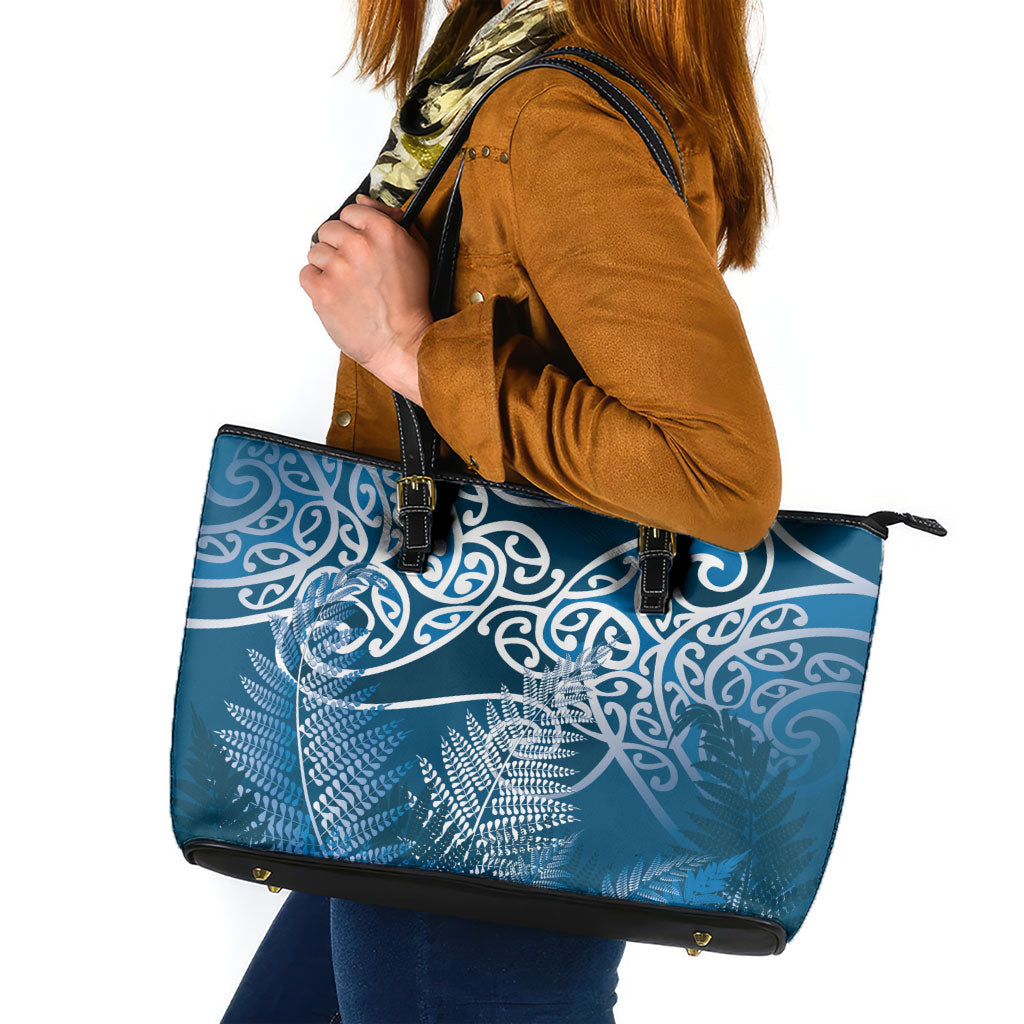 Aotearoa Maori Koru Curves Leather Tote Bag Silver Ferns - Navy Blue