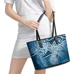 Aotearoa Maori Koru Curves Leather Tote Bag Silver Ferns - Navy Blue