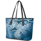 Aotearoa Maori Koru Curves Leather Tote Bag Silver Ferns - Navy Blue