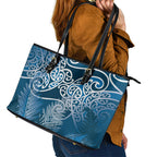 Aotearoa Maori Koru Curves Leather Tote Bag Silver Ferns - Navy Blue