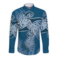 Aotearoa Maori Koru Curves Long Sleeve Button Shirt Silver Ferns - Navy Blue