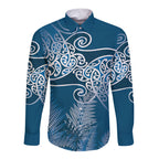 Aotearoa Maori Koru Curves Long Sleeve Button Shirt Silver Ferns - Navy Blue