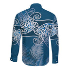 Aotearoa Maori Koru Curves Long Sleeve Button Shirt Silver Ferns - Navy Blue