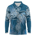 Aotearoa Maori Koru Curves Long Sleeve Polo Shirt Silver Ferns - Navy Blue