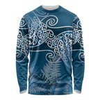 Aotearoa Maori Koru Curves Long Sleeve Shirt Silver Ferns - Navy Blue