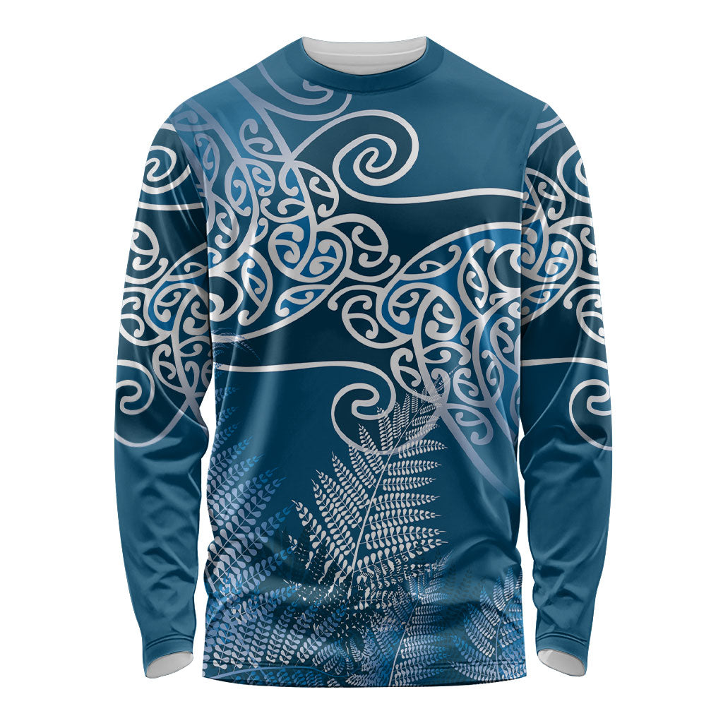 Aotearoa Maori Koru Curves Long Sleeve Shirt Silver Ferns - Navy Blue