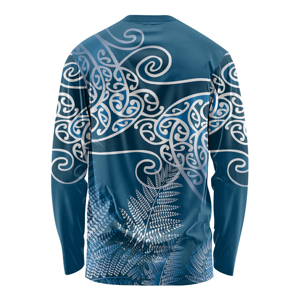 Aotearoa Maori Koru Curves Long Sleeve Shirt Silver Ferns - Navy Blue
