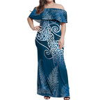 Aotearoa Maori Koru Curves Off Shoulder Maxi Dress Silver Ferns - Navy Blue