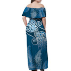 Aotearoa Maori Koru Curves Off Shoulder Maxi Dress Silver Ferns - Navy Blue