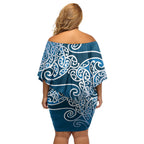 Aotearoa Maori Koru Curves Off Shoulder Short Dress Silver Ferns - Navy Blue