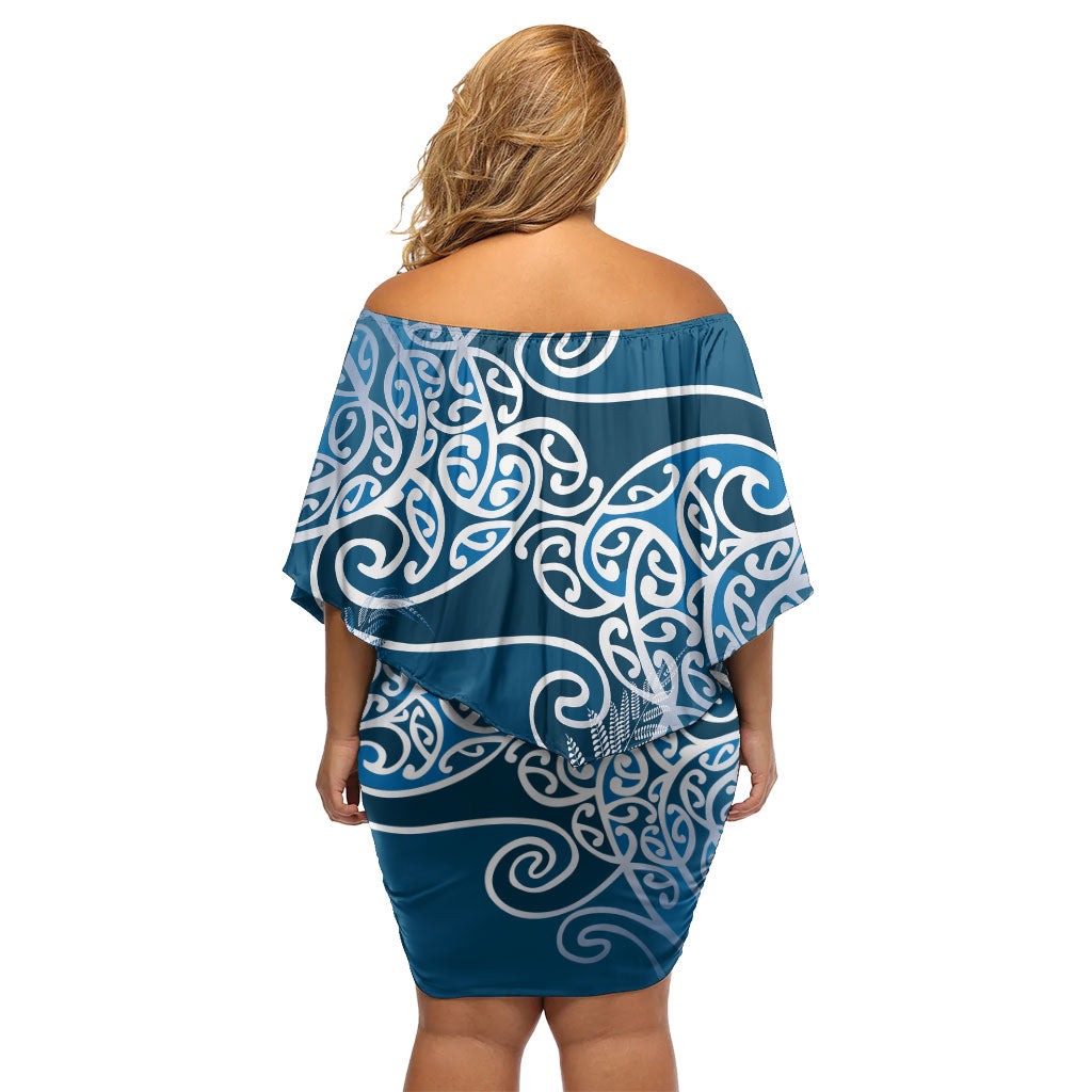 Aotearoa Maori Koru Curves Off Shoulder Short Dress Silver Ferns - Navy Blue
