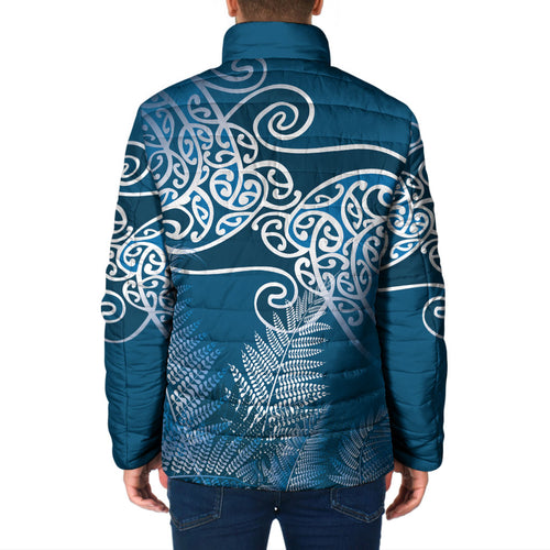 Aotearoa Maori Koru Curves Padded Jacket Silver Ferns - Navy Blue