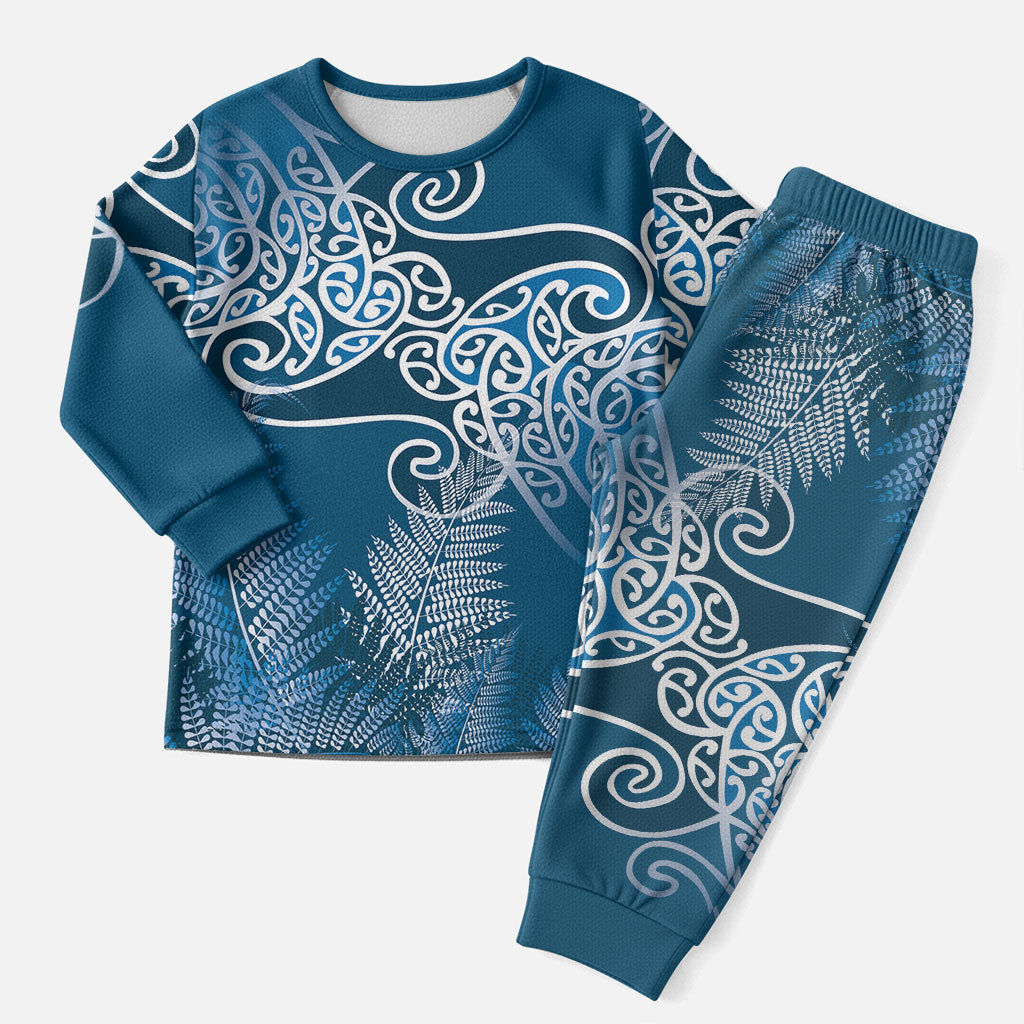 Aotearoa Maori Koru Curves Christmas Pajama Set Silver Ferns - Navy Blue