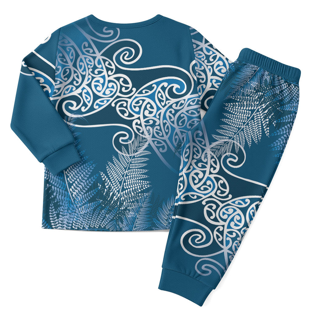 Aotearoa Maori Koru Curves Christmas Pajama Set Silver Ferns - Navy Blue