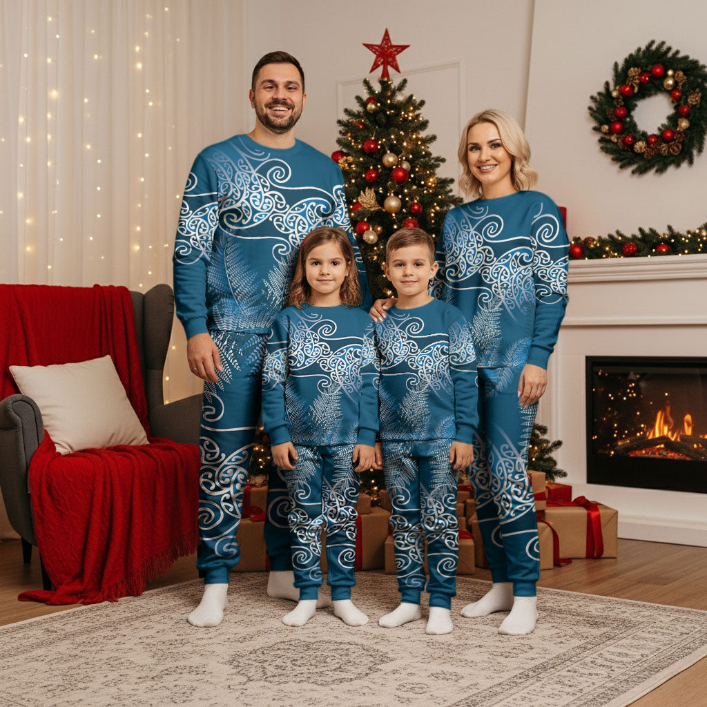 Aotearoa Maori Koru Curves Christmas Pajama Set Silver Ferns - Navy Blue