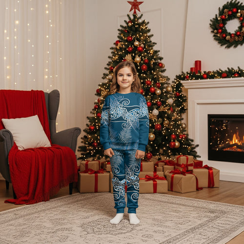 Aotearoa Maori Koru Curves Christmas Pajama Set Silver Ferns - Navy Blue