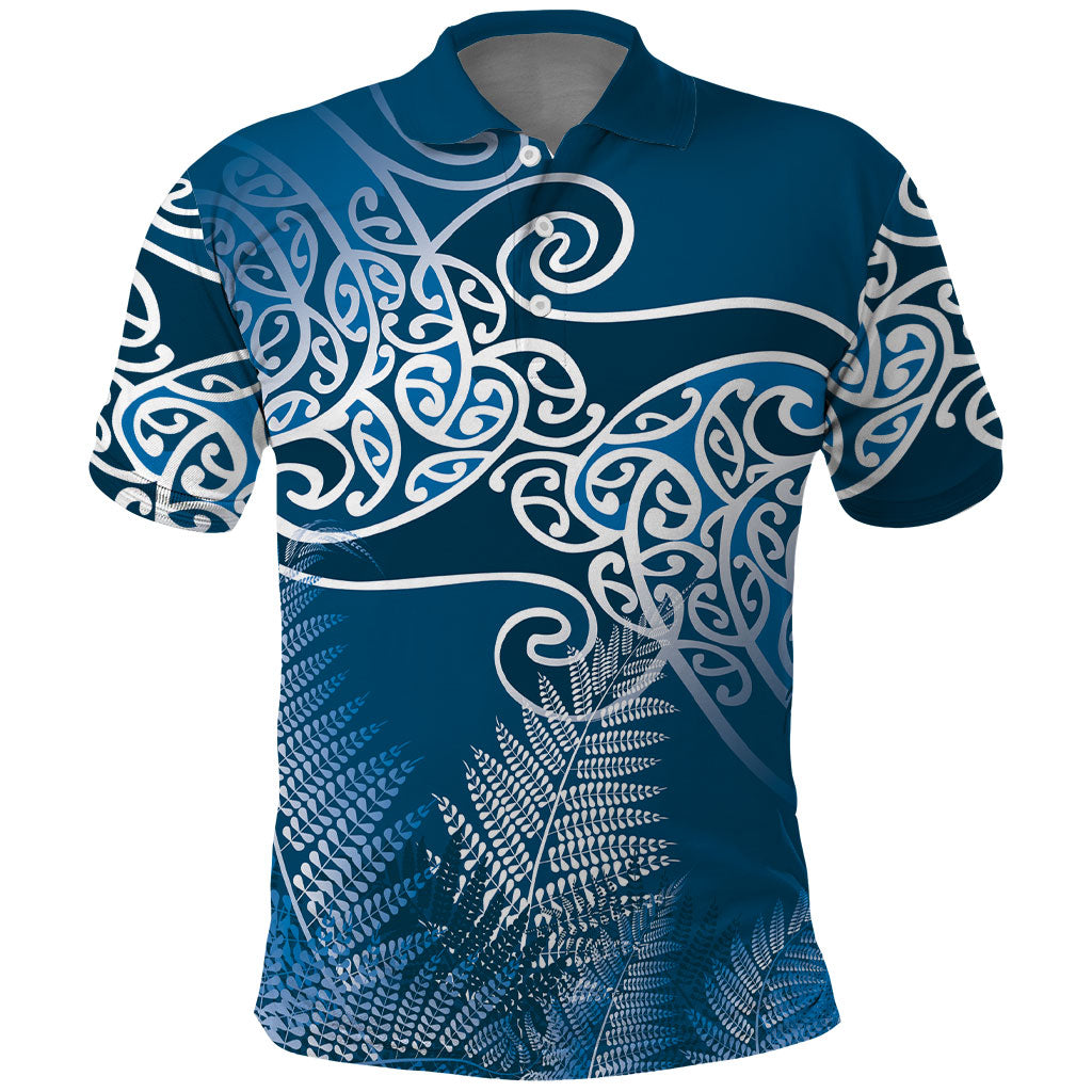 Aotearoa Maori Koru Curves Polo Shirt Silver Ferns - Navy Blue
