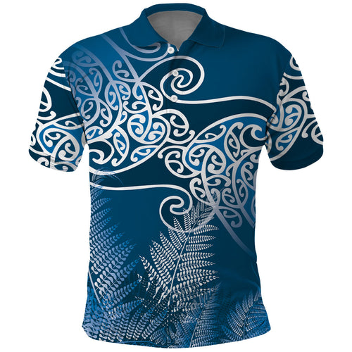 Aotearoa Maori Koru Curves Polo Shirt Silver Ferns - Navy Blue