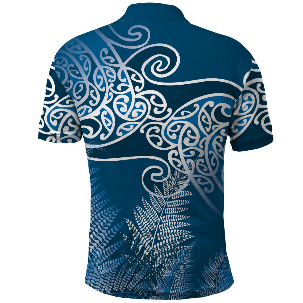 Aotearoa Maori Koru Curves Polo Shirt Silver Ferns - Navy Blue