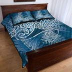Aotearoa Maori Koru Curves Quilt Bed Set Silver Ferns - Navy Blue
