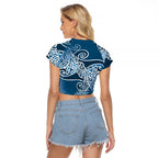 Aotearoa Maori Koru Curves Raglan Cropped T Shirt Silver Ferns - Navy Blue