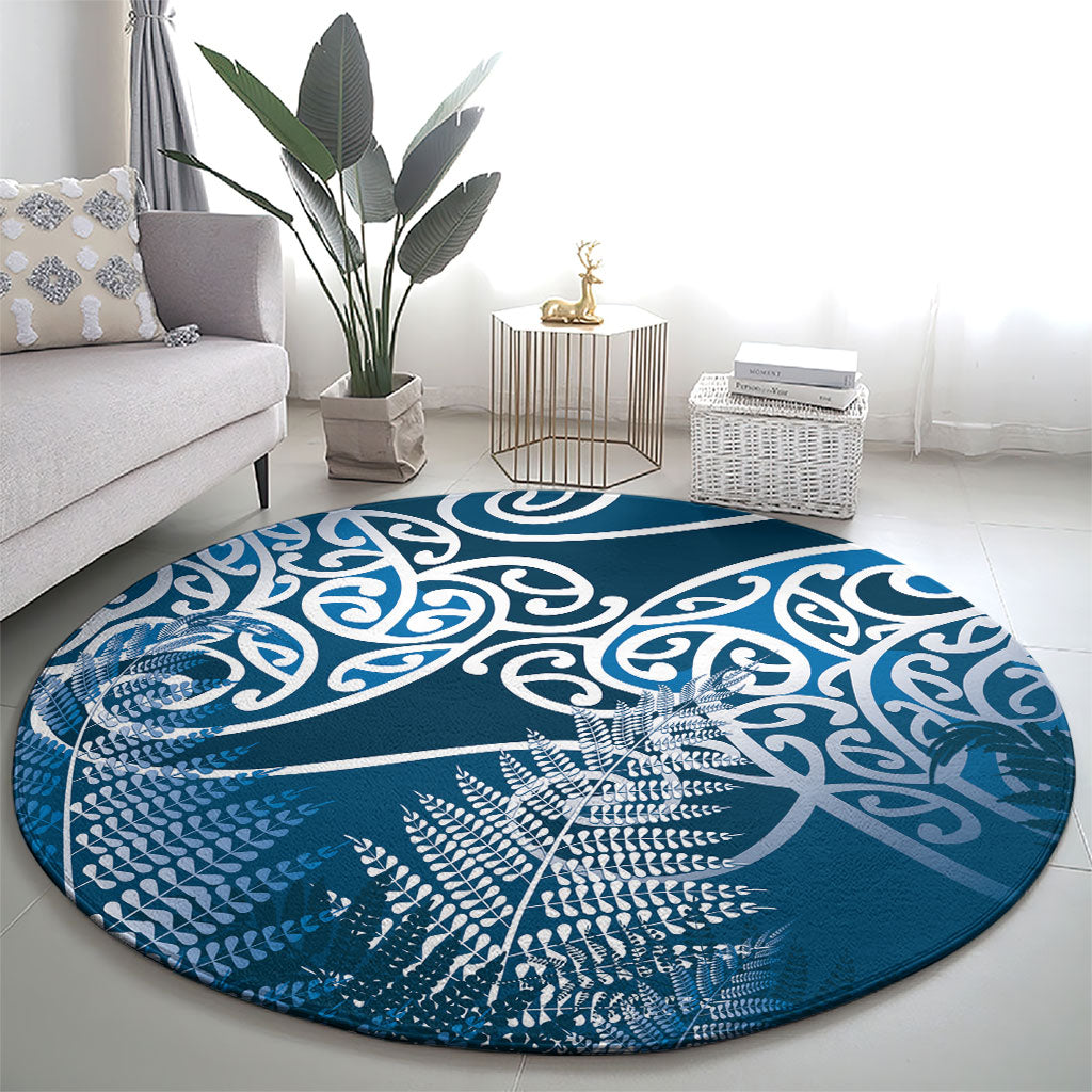 Aotearoa Maori Koru Curves Round Carpet Silver Ferns - Navy Blue