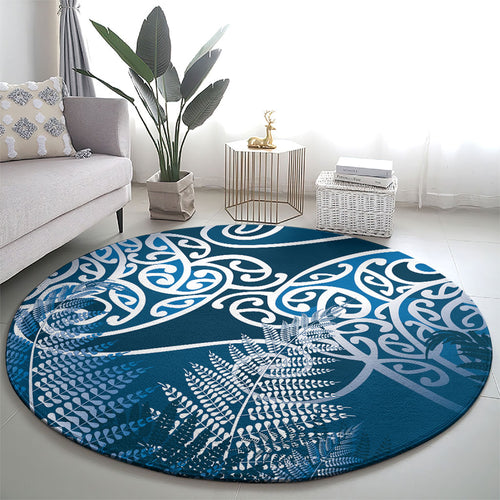 Aotearoa Maori Koru Curves Round Carpet Silver Ferns - Navy Blue