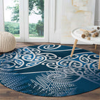 Aotearoa Maori Koru Curves Round Carpet Silver Ferns - Navy Blue