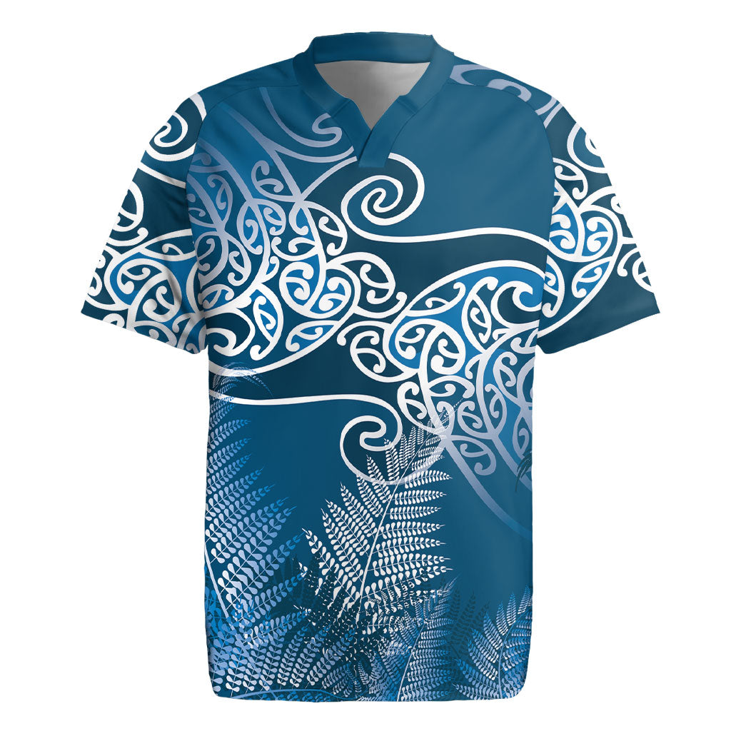 Aotearoa Maori Koru Curves Rugby Jersey Silver Ferns - Navy Blue