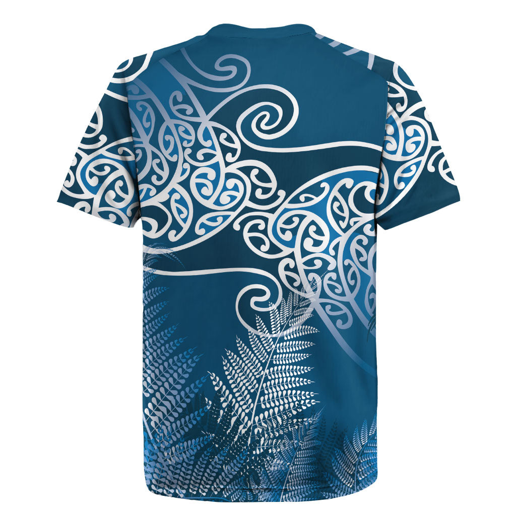 Aotearoa Maori Koru Curves Rugby Jersey Silver Ferns - Navy Blue