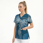 Aotearoa Maori Koru Curves Scrub Top Silver Ferns - Navy Blue