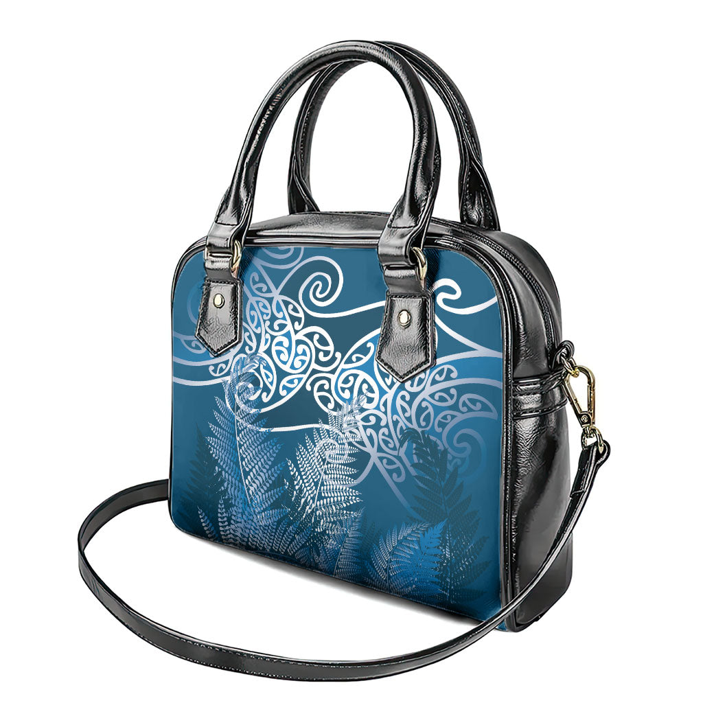 Aotearoa Maori Koru Curves Shoulder Handbag Silver Ferns - Navy Blue