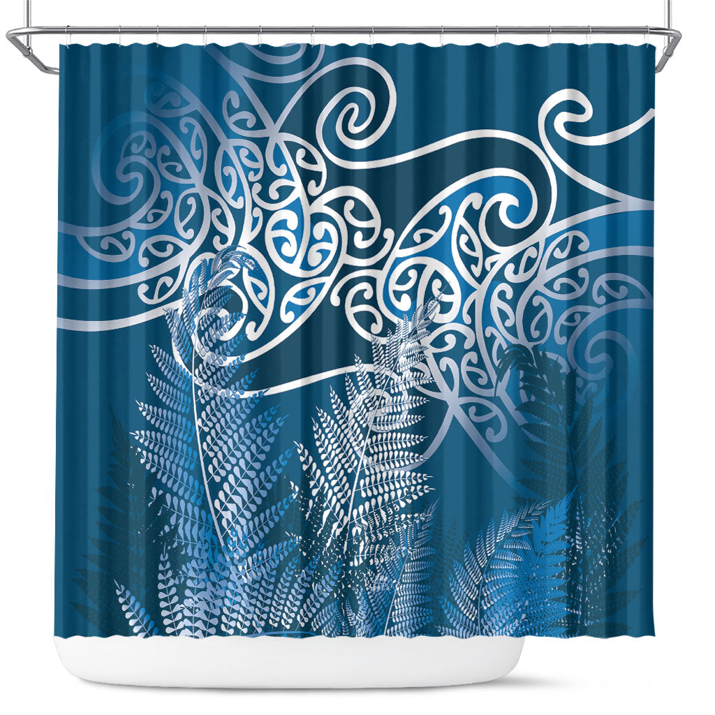 Aotearoa Maori Koru Curves Shower Curtain Silver Ferns - Navy Blue