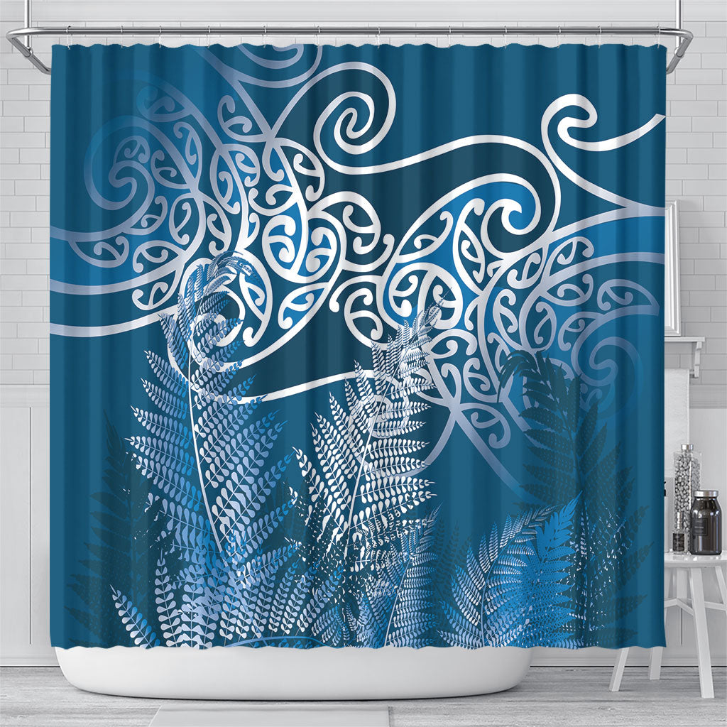 Aotearoa Maori Koru Curves Shower Curtain Silver Ferns - Navy Blue