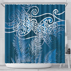 Aotearoa Maori Koru Curves Shower Curtain Silver Ferns - Navy Blue
