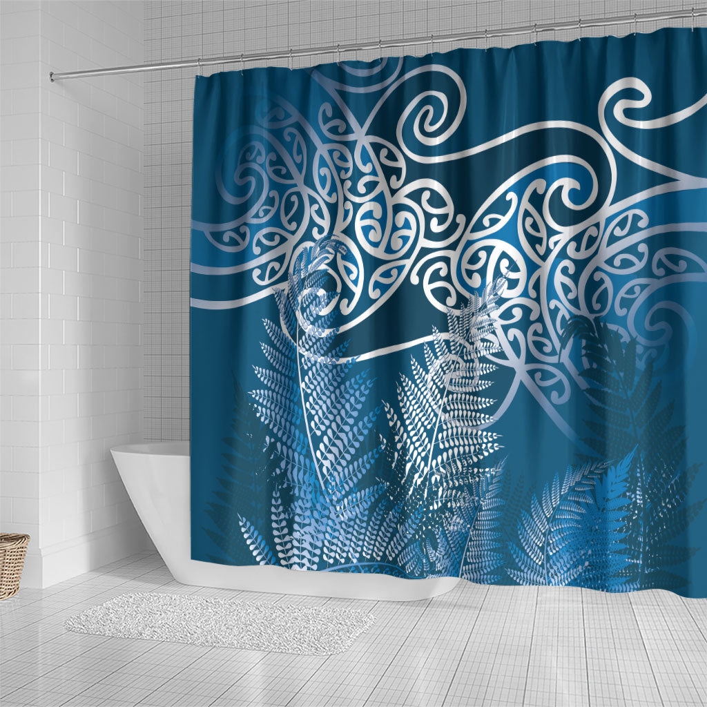 Aotearoa Maori Koru Curves Shower Curtain Silver Ferns - Navy Blue