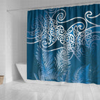 Aotearoa Maori Koru Curves Shower Curtain Silver Ferns - Navy Blue