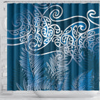 Aotearoa Maori Koru Curves Shower Curtain Silver Ferns - Navy Blue