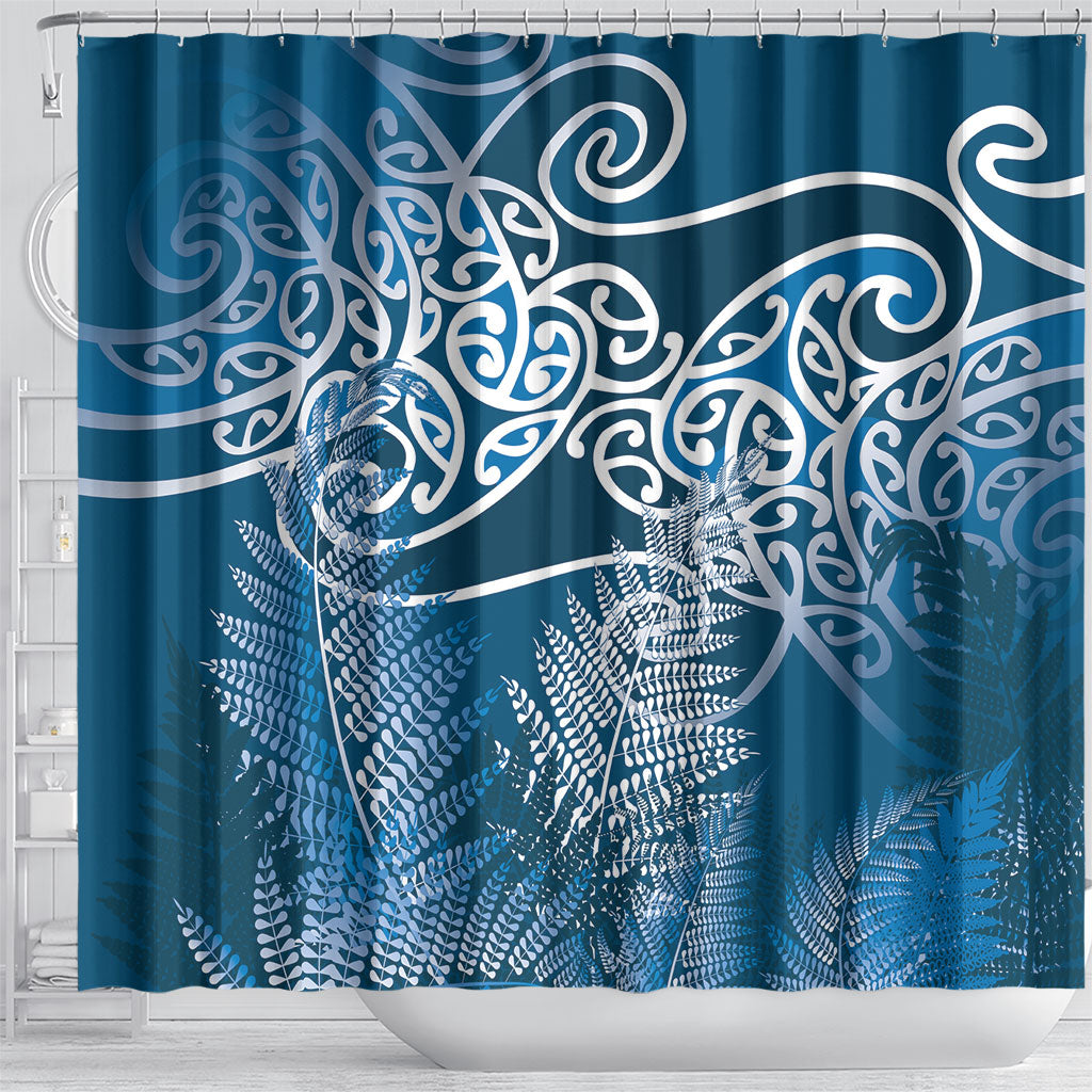 Aotearoa Maori Koru Curves Shower Curtain Silver Ferns - Navy Blue