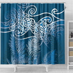Aotearoa Maori Koru Curves Shower Curtain Silver Ferns - Navy Blue